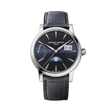 Frederique Constant Classic Power Reserve Big Date Manufacture pent herreur med månefase, gangreserveindikator og dato på skiven.