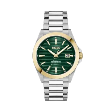 Hugo Boss herreklokke med grønn urskive, gull bezel og stållenke - urmakerlarsen.no