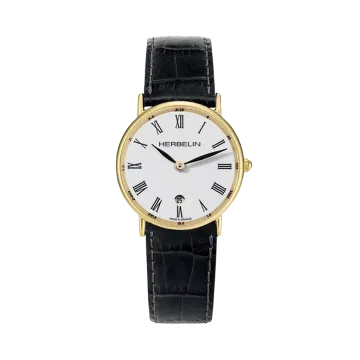 Herbelin Classique 16845P01 er en dameklokke med quartzverk, hvit skive med romertall og sort skinnrem.