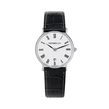 Herbelin Classique 16845AP01 er en dameklokke i stål med hvit tallskive med romertall, quartzverk og sort skinnrem.