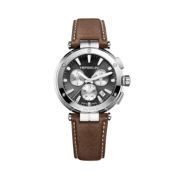 Herbelin Newport Chrono 37658AP24MA herreklokke med sort tallskive, lyse kronografer, skinnrem og quartzverk.