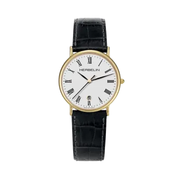 Herbelin Classique dameklokke med hvit skive, romertall, gullfarget kasse, skinnrem og quartzverk.