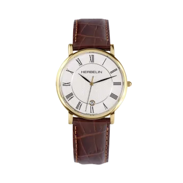 Herbelin Classique dameur med hvit skive med romertall, gullfarget kasse, brun skinnrem og quartzverk.