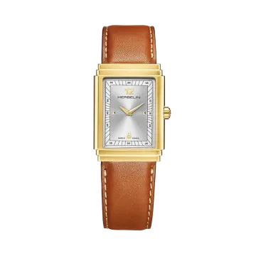 Herbelin Art Deco 1925's herreklokke med gullfarget kasse, sølvfarget skive, brun skinnrem og quartzverk. 