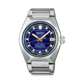 King Seiko Vanac herreklokke med automatisk verk, blå tallskive og kasse og lenke i stål