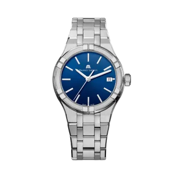 Maurice Lacroix Aikon AI1106-SS002-430-1 35 mm dameklokke med quartzverk, blå skive og kasse og lenke i stål.