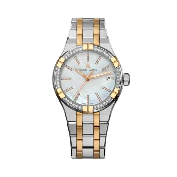Maurice Lacroix Aikon Date 35 mm til dame med quartzverk, hvit perlemorskive, 92 diamanter og tofarget kasse og stållenke.