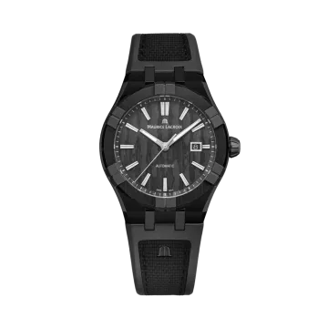 Maurice Lacroix Aikonic til herre på 43 mm med automatisk verk, DLC-belagt titankasse med keramisk bezel, sort tallskive og gummirem. 