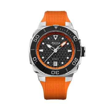 Alpina Seastrong Diver Extreme Automatic herreklokke med sort og oransje skive, kasse i stål og oransje gummirem med foldelås.