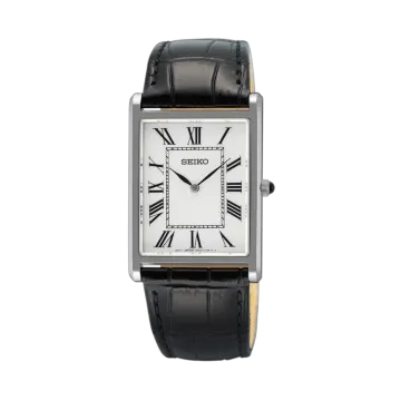 Seiko Mens SWR103P1 27 mm i stål med skinnrem og hvit skive med romertall.