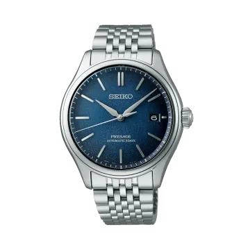 Seiko Presage Classic SPB525J1 herreklokke på 40 mm med blå skive, automatisk verk og stållenke med foldelås.