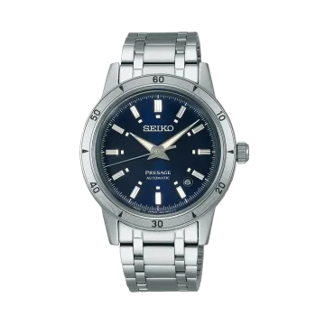Seiko Presage Style 60's herreklokke på 39,5 mm med blå skive og kasse og lenke i stål