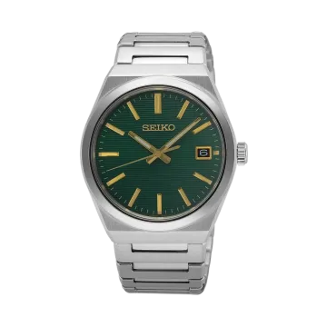 Seiko herreklokke med grønn skive og stållenke.
