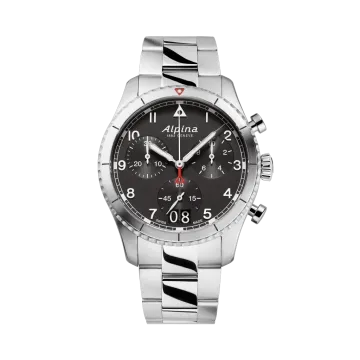 Alpina Startimer Pilot Quartz Chronograph Big Date herreklokke med sort skive, kasse og lenke i stål.