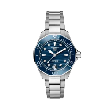 TAG Heuer Aquaracer Professional 300 Date dameklokke på 36 mm med automatisk verk, blå tallskive med diamanter og stållenke.