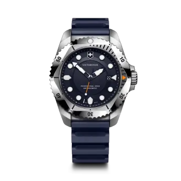 Victorinox Dive Pro Quartz dykkerklokke til herre på 43 mm med blå skive, blå gummirem og quartzverk. 300 meter vanntett.