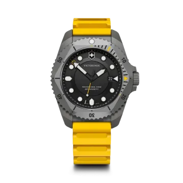 Victorinox Dive Pro Quartz dykkerur til herre med quartzverk på 43 mm. Sort skive, kasse i titan og gul gummirem. 300 meter vanntett.