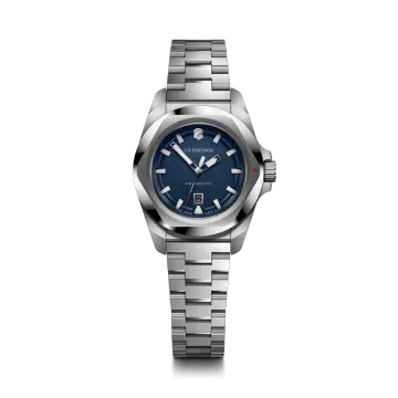 Victorinox I.N.O.X. Small dameklokke med quartzverk, blå skive, kasse og lenke i stål. 100 meter vanntett.
