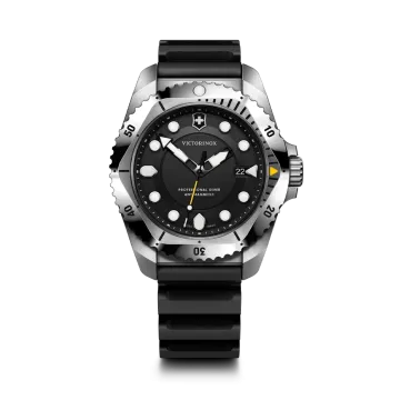 Victorinox Dive Pro herreklokke med quartzverk på 43 mm med sort skive og sort gummirem. 300 meter vanntett.