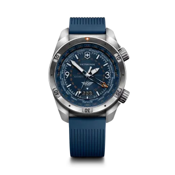 Victorinox Air Pro GMT Automatic herreklokke på 43 mm med blå skive og blå gummirem. 200 meter vanntett.