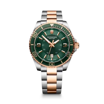 Victorinox Maverick 242008 herreklokke på 43 mm med grønn skive, kasse og lenke i tofarget stål og quartzverk.