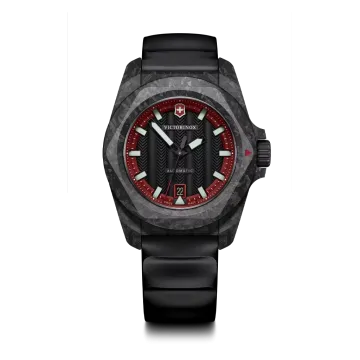 Victorinox I.N.O.X. herreklokke med automatisk verk, sort og rød tallskive og sort gummirem.