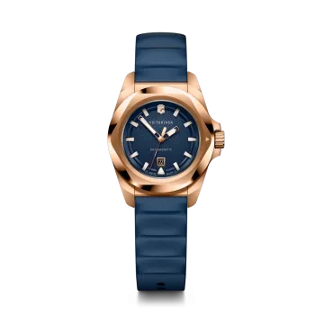 Victorinox I.N.O.X. Small dameklokke med quartzverk, blå skive, kasse i rosegullfarge og gummirem.v