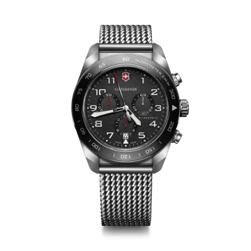 Victorinox Swiss Army Chronograph herreur med quartzverk, sort skive, kasse og meshlenke i stål. 