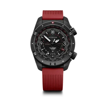 Victorinox Air Pro GMT Automatic herreklokke på 43 mm med GMT-funksjon, sort skive og kasse og gummirem. 